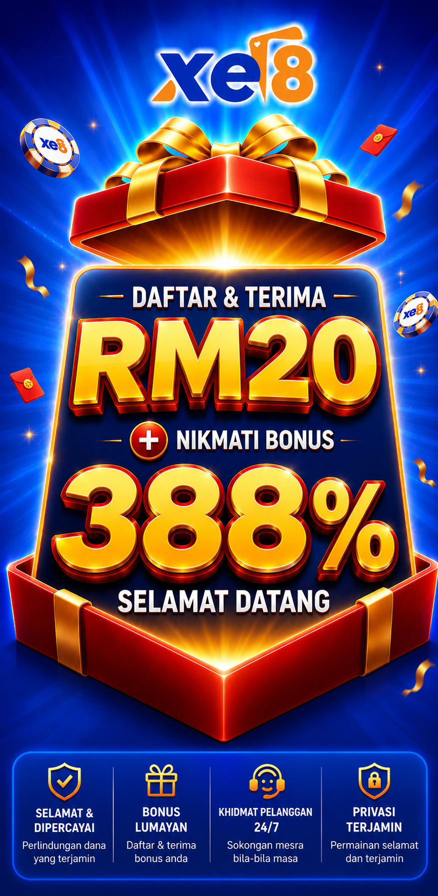 XE8 Daftar dan terima RM20 plus bonus 388%